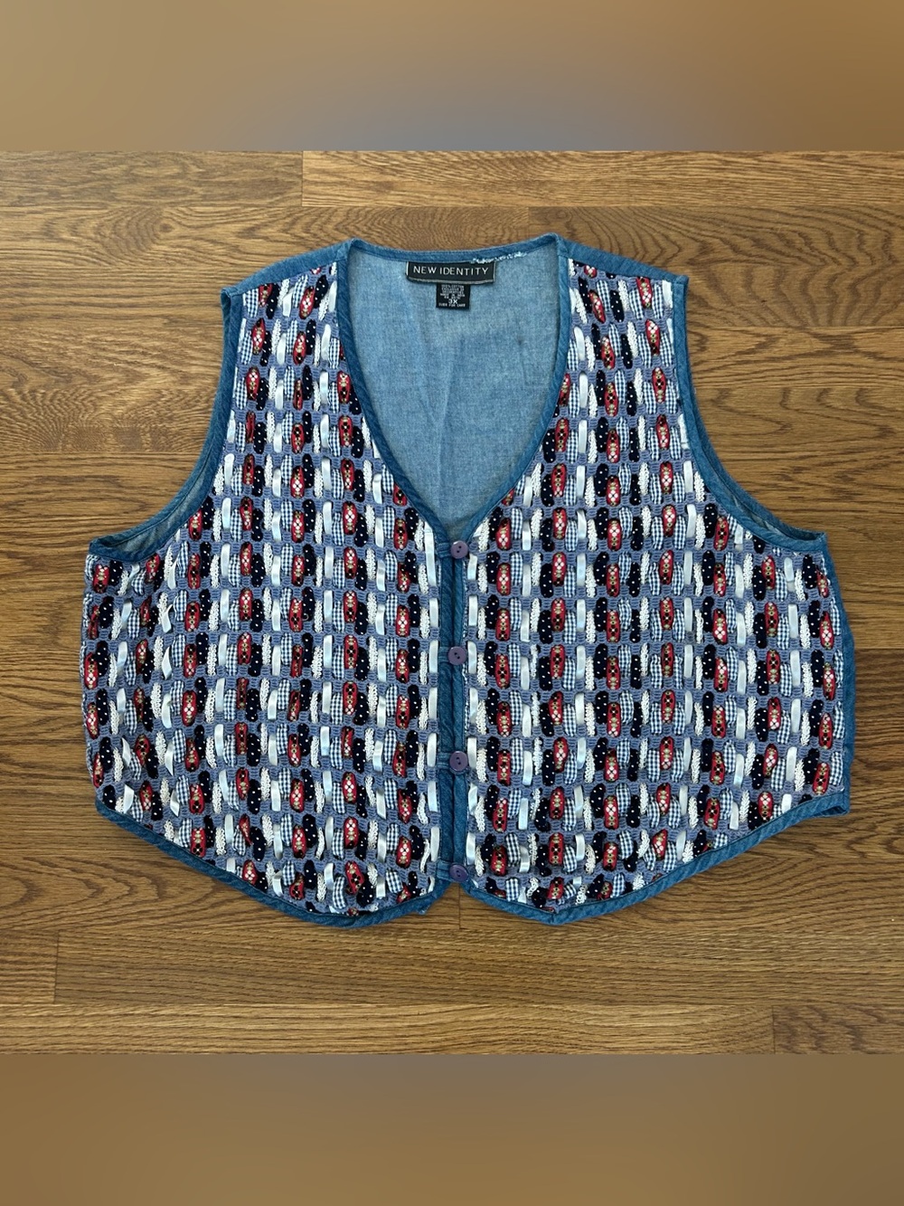 New Identity 3X Denim Patchwork Embroidered Button Vest Plus Size